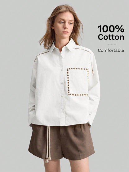Ontre 2026SS Stockholm Style Chic Women's White Long Sleeve Embroidered Blouse,Summer Brunch Hollow Design Loose Collared Top,White And Brown