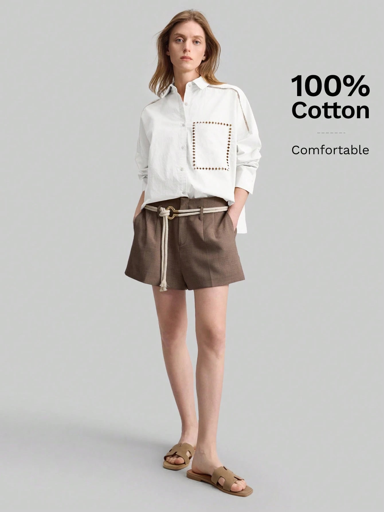 Ontre 2026SS Stockholm Style Chic Women's White Long Sleeve Embroidered Blouse,Summer Brunch Hollow Design Loose Collared Top,White And Brown