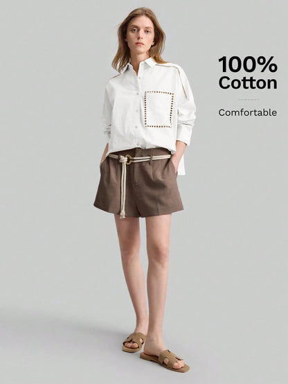 Ontre 2026SS Stockholm Style Chic Women's White Long Sleeve Embroidered Blouse,Summer Brunch Hollow Design Loose Collared Top,White And Brown