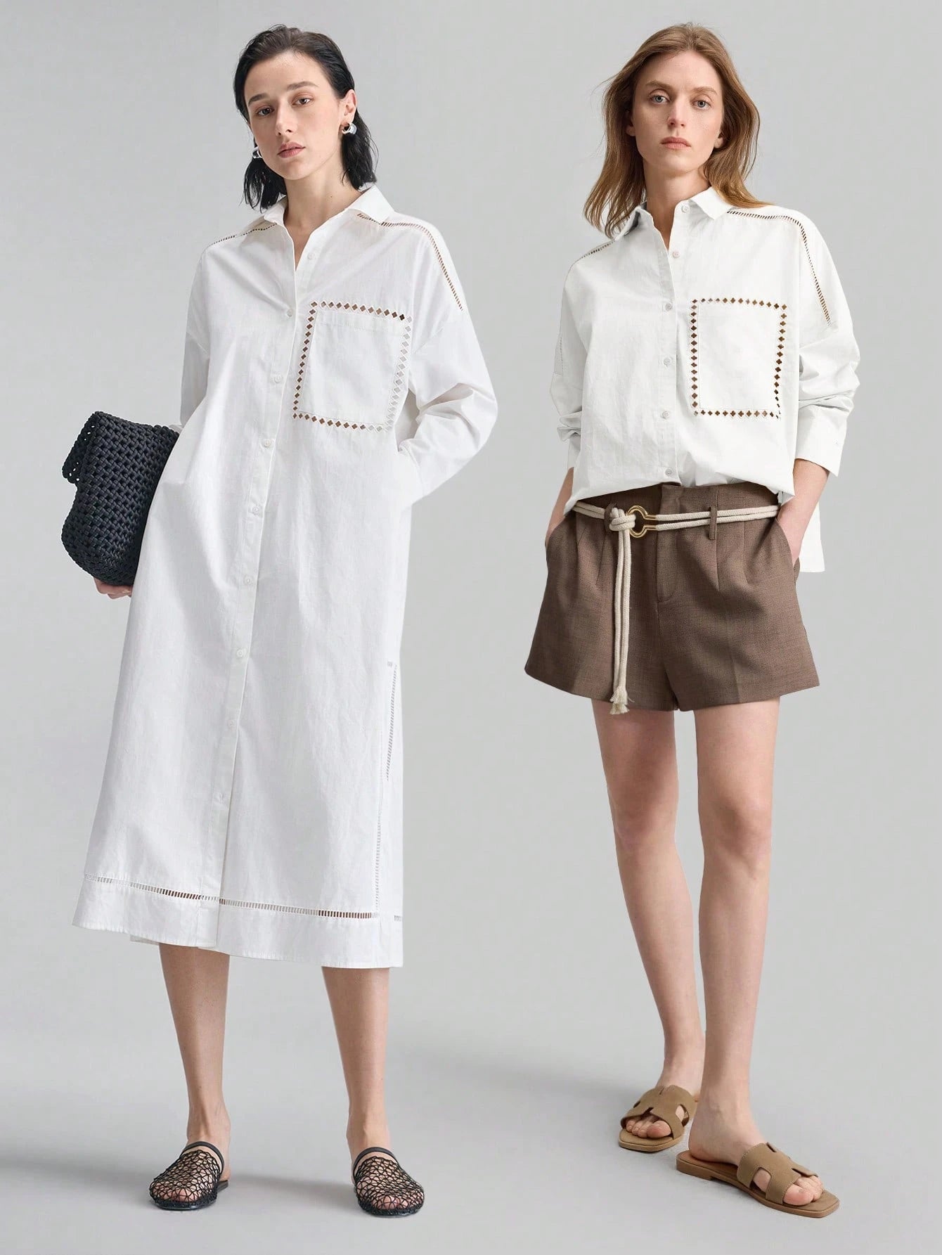 Ontre 2026SS Stockholm Style Chic Women's White Long Sleeve Embroidered Blouse,Summer Brunch Hollow Design Loose Collared Top,White And Brown