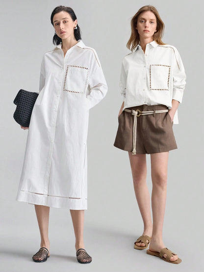 Ontre 2026SS Stockholm Style Chic Women's White Long Sleeve Embroidered Blouse,Summer Brunch Hollow Design Loose Collared Top,White And Brown