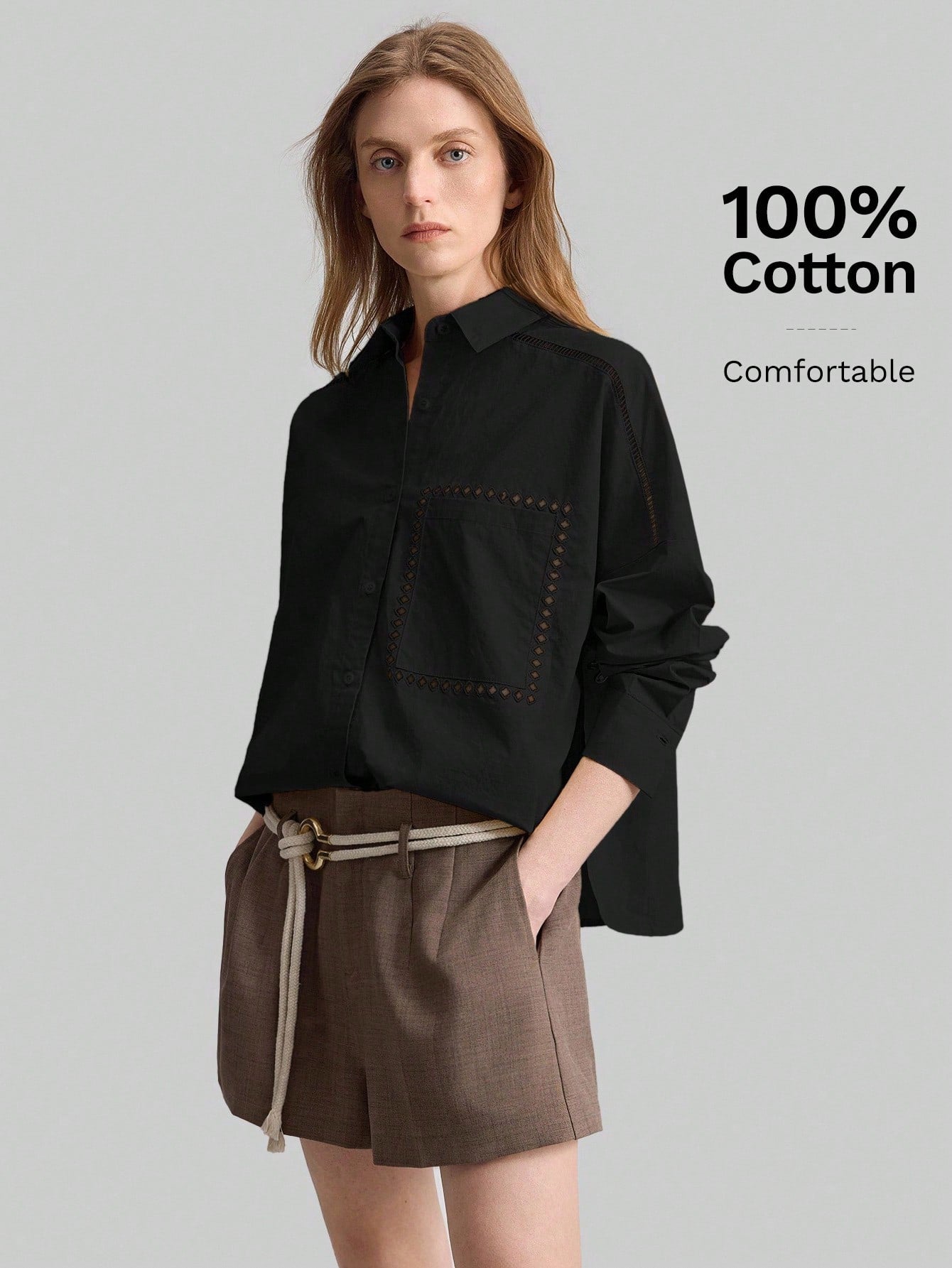 Ontre 2026SS Stockholm Style Chic Women's White Long Sleeve Embroidered Blouse,Summer Brunch Hollow Design Loose Collared Top,White And Brown