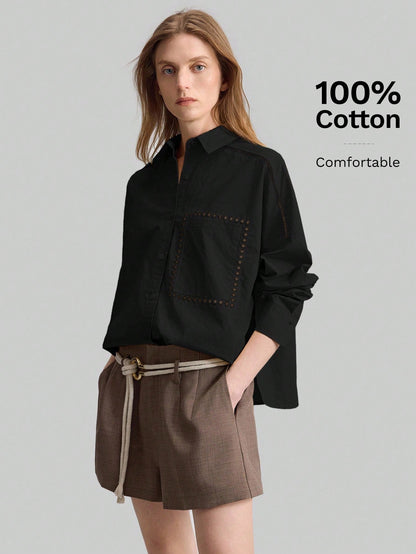 Ontre 2026SS Stockholm Style Chic Women's White Long Sleeve Embroidered Blouse,Summer Brunch Hollow Design Loose Collared Top,White And Brown