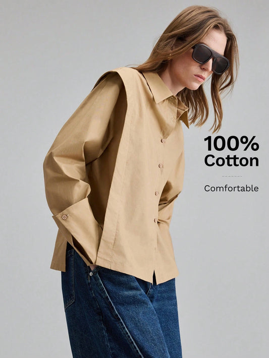 Ontre Khaki,Autumn,Chic,Everyday Women's Camel Charmeuse Fabric Shirt,Loose Fit Wide Shoulder Front Short Back Long Dropped Shoulder Long Sleeve Business