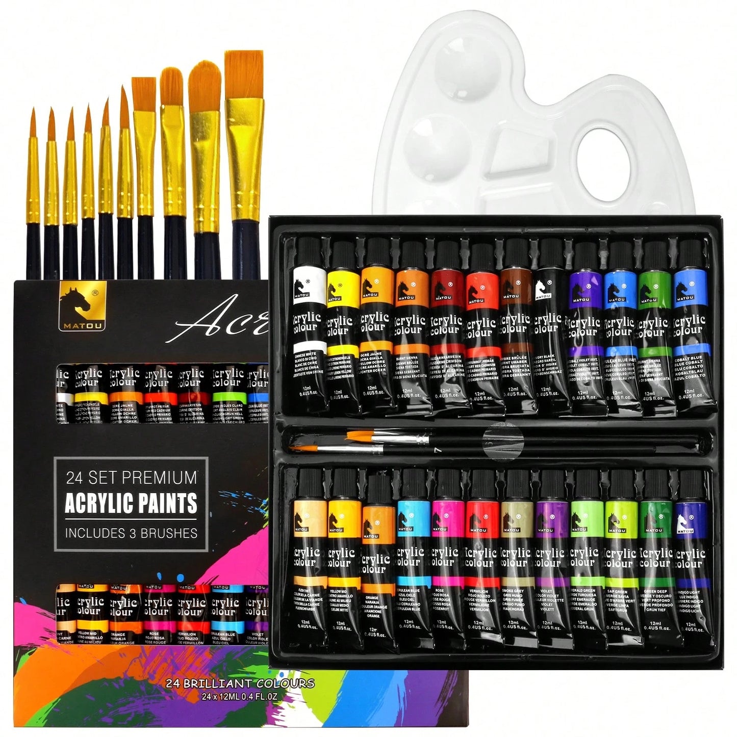 opeth 38pcs Acrylic Paint Set, Includes 24 Colors 12ml Acrylic Paints, 24 Color Palettes, 13 Nylon Hair Paintbrushes, 1 Mixing Palette. Vibrant Colors, Waterproof, Thick Texture With 3D Effect. Ideal