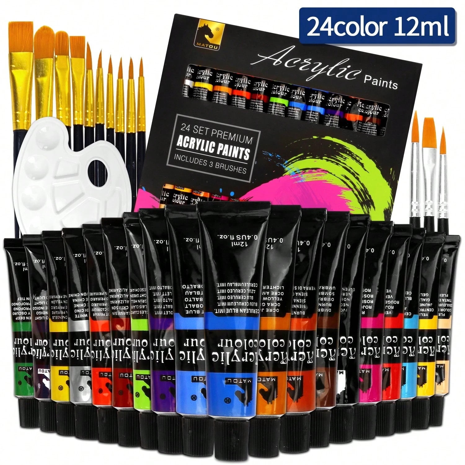 opeth 38pcs Acrylic Paint Set, Includes 24 Colors 12ml Acrylic Paints, 24 Color Palettes, 13 Nylon Hair Paintbrushes, 1 Mixing Palette. Vibrant Colors, Waterproof, Thick Texture With 3D Effect. Ideal