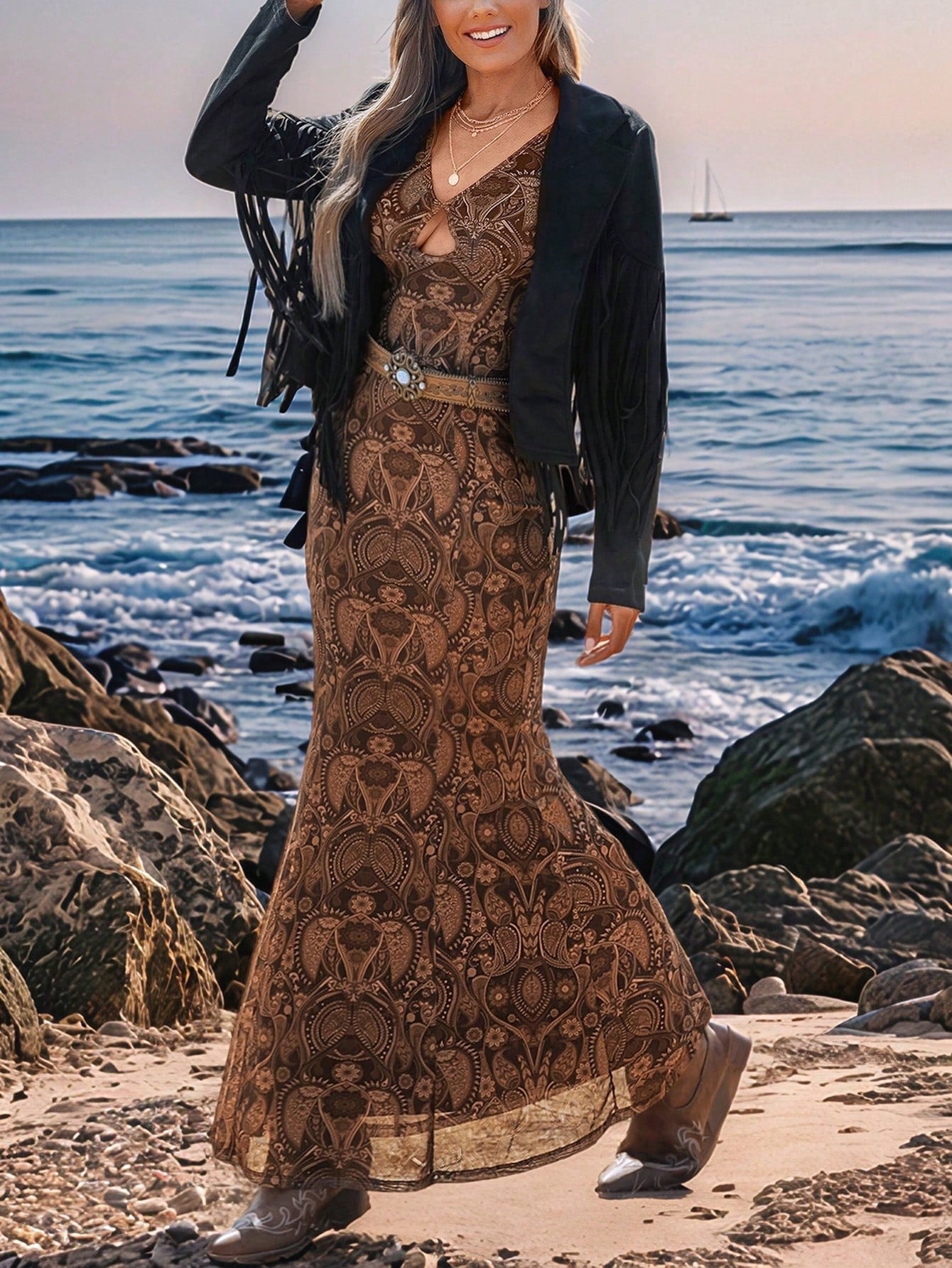 Opulessa Bohemian Boho Retro Vintage 70s V-Neck Long Sleeve Paisley Print Semi-Sheer Dress For Women, Brown Mexican Autumn Winter Mermaid Vacation Concert