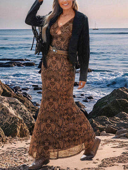 Opulessa Bohemian Boho Retro Vintage 70s V-Neck Long Sleeve Paisley Print Semi-Sheer Dress For Women, Brown Mexican Autumn Winter Mermaid Vacation Concert