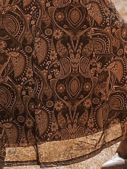 Opulessa Bohemian Boho Retro Vintage 70s V-Neck Long Sleeve Paisley Print Semi-Sheer Dress For Women, Brown Mexican Autumn Winter Mermaid Vacation Concert