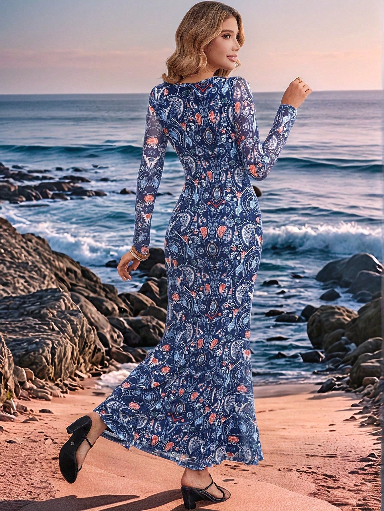 Opulessa Bohemian Boho Retro Vintage 70s V-Neck Long Sleeve Paisley Print Semi-Sheer Dress For Women, Brown Mexican Autumn Winter Mermaid Vacation Concert