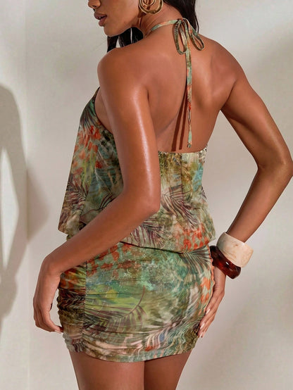 Opulessa Women's Sexy Backless Tropical Plant Print Mini Dress, Beach Vacation Style,Summer Dresses For Women