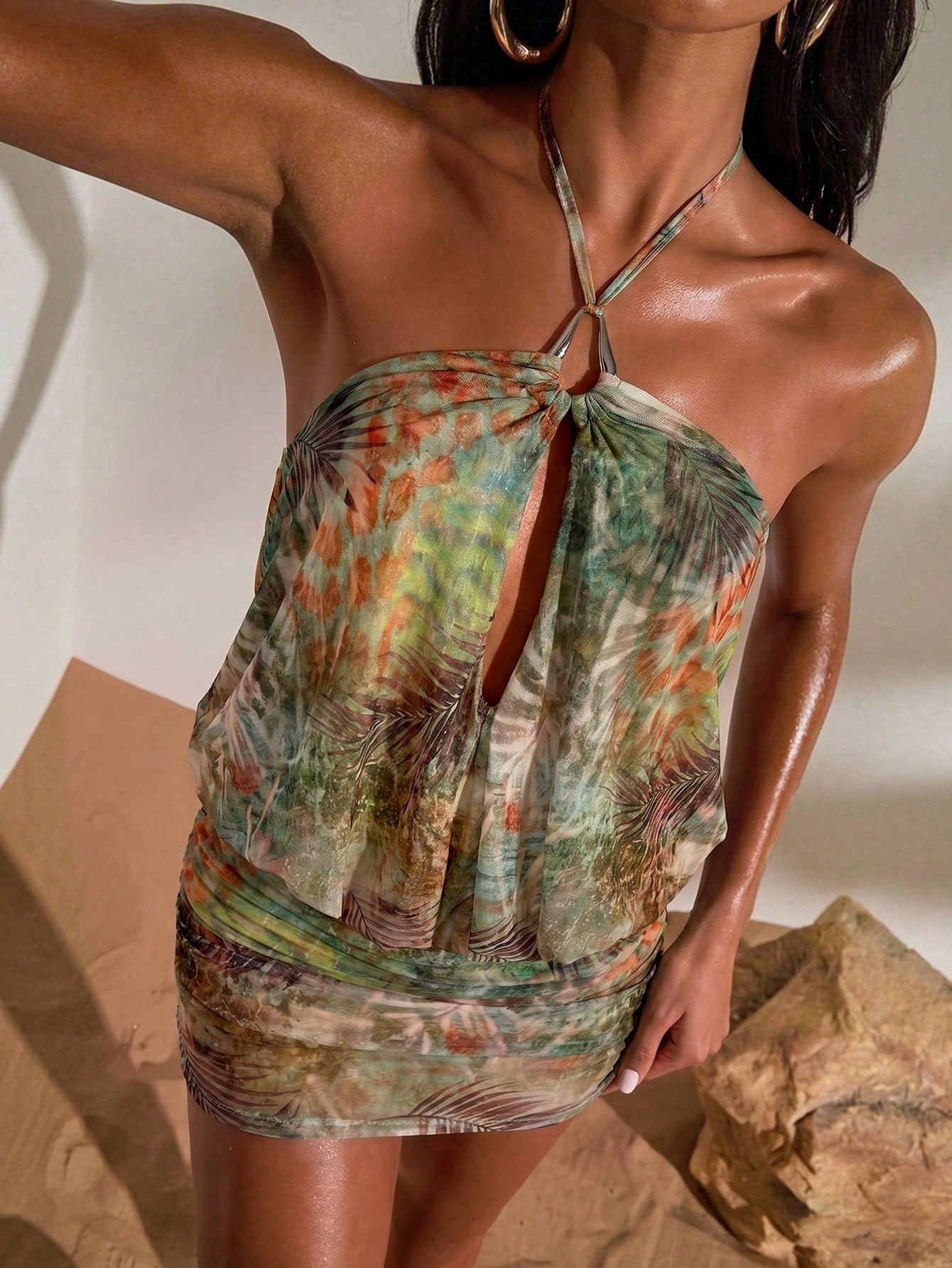 Opulessa Women's Sexy Backless Tropical Plant Print Mini Dress, Beach Vacation Style,Summer Dresses For Women