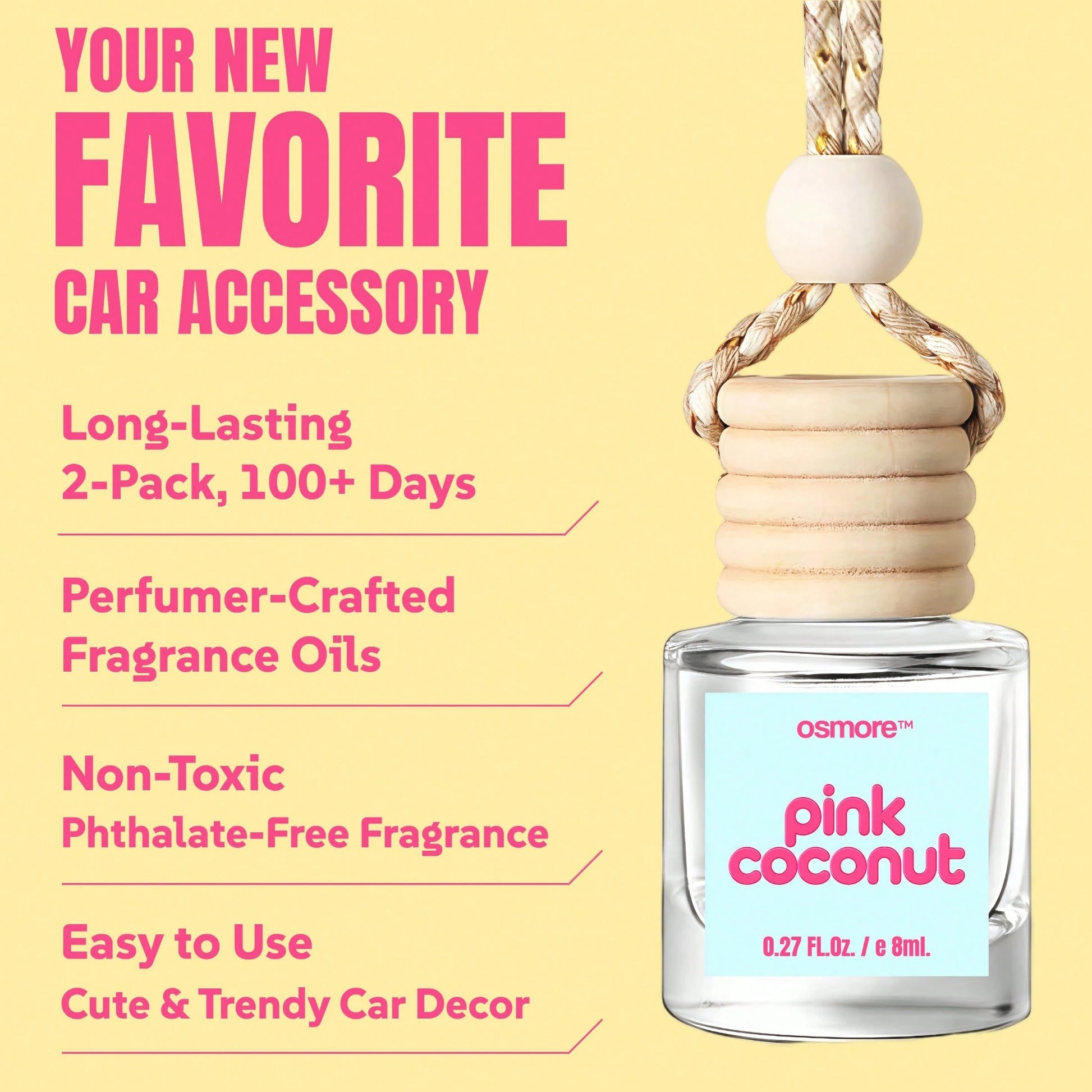 Osmore Summer Pink Coconut Car Air Freshener Hanging Diffuser, 2-Pack Long Lasting Car Fragrance Oil, Tropical Coconut Car Scent, Rearview Mirror Car Perfume Pendant, Essential Oil Car Diffuser, Car I