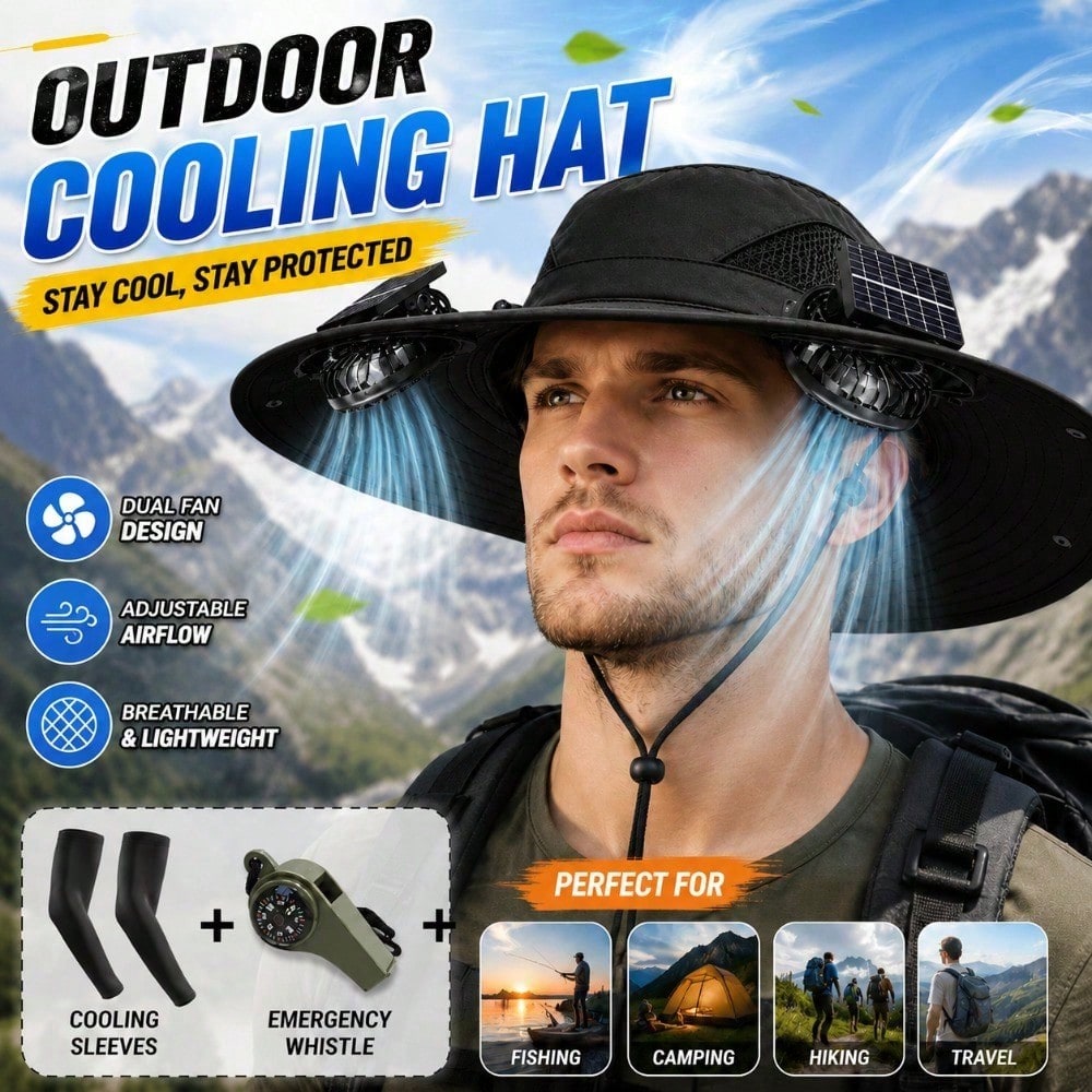 Outdoor Wide Brim Hat With Dual Fan Design, Breathable Lightweight Material, Includes Cooling Arm Sleeves & Emergency Whistle For Fishing, Hiking