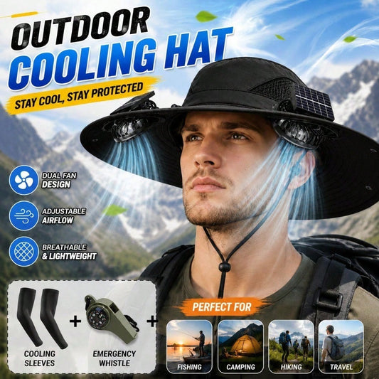 Outdoor Wide Brim Hat With Dual Fan Design, Breathable Lightweight Material, Includes Cooling Arm Sleeves & Emergency Whistle For Fishing, Hiking
