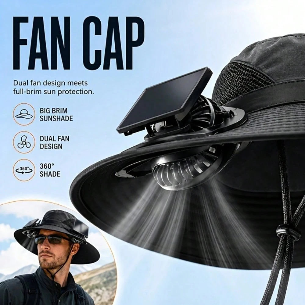 Outdoor Wide Brim Hat With Dual Fan Design, Breathable Lightweight Material, Includes Cooling Arm Sleeves & Emergency Whistle For Fishing, Hiking