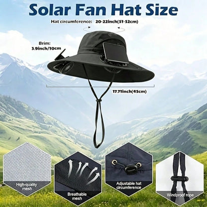Outdoor Wide Brim Hat With Dual Fan Design, Breathable Lightweight Material, Includes Cooling Arm Sleeves & Emergency Whistle For Fishing, Hiking