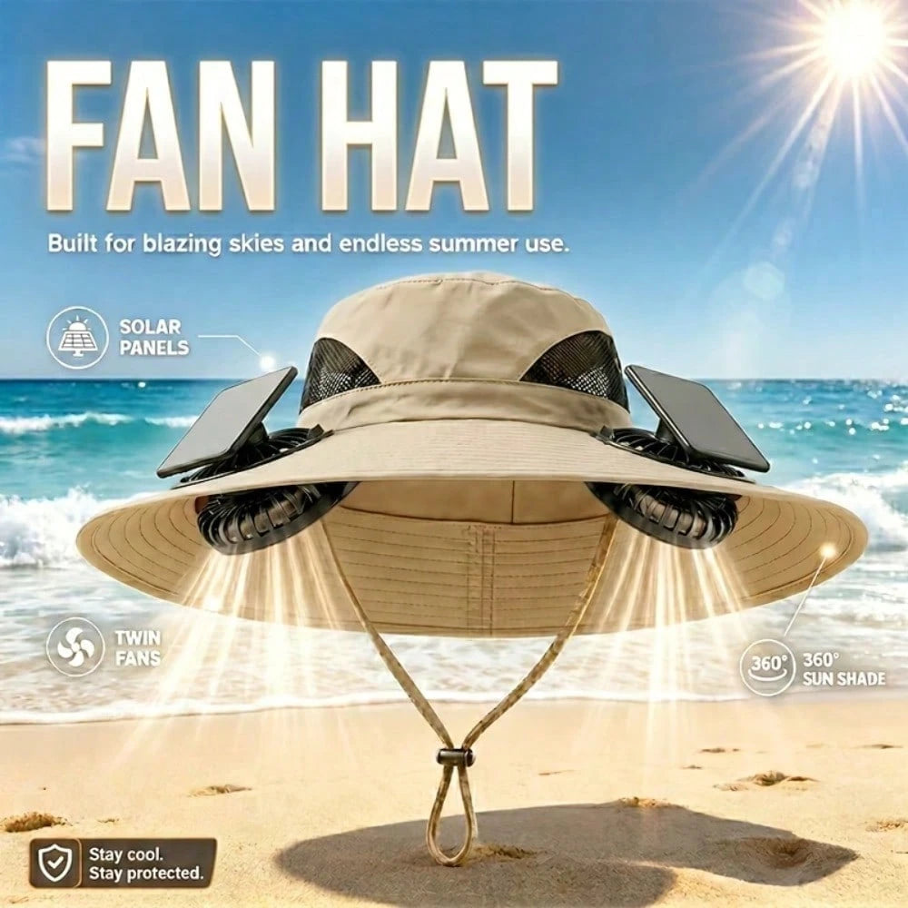Outdoor Wide Brim Hat With Dual Fan Design, Breathable Lightweight Material, Includes Cooling Arm Sleeves & Emergency Whistle For Fishing, Hiking