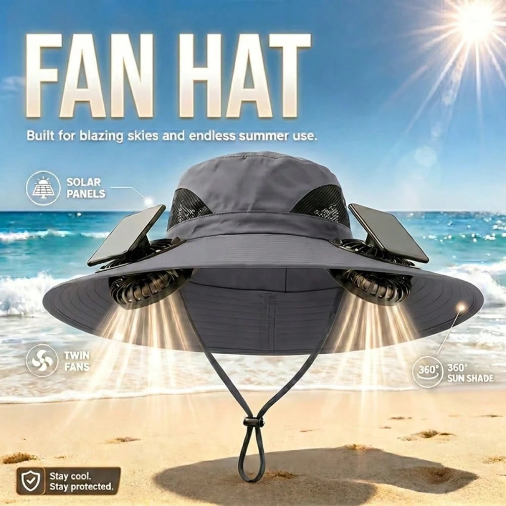 Outdoor Wide Brim Hat With Dual Fan Design, Breathable Lightweight Material, Includes Cooling Arm Sleeves & Emergency Whistle For Fishing, Hiking