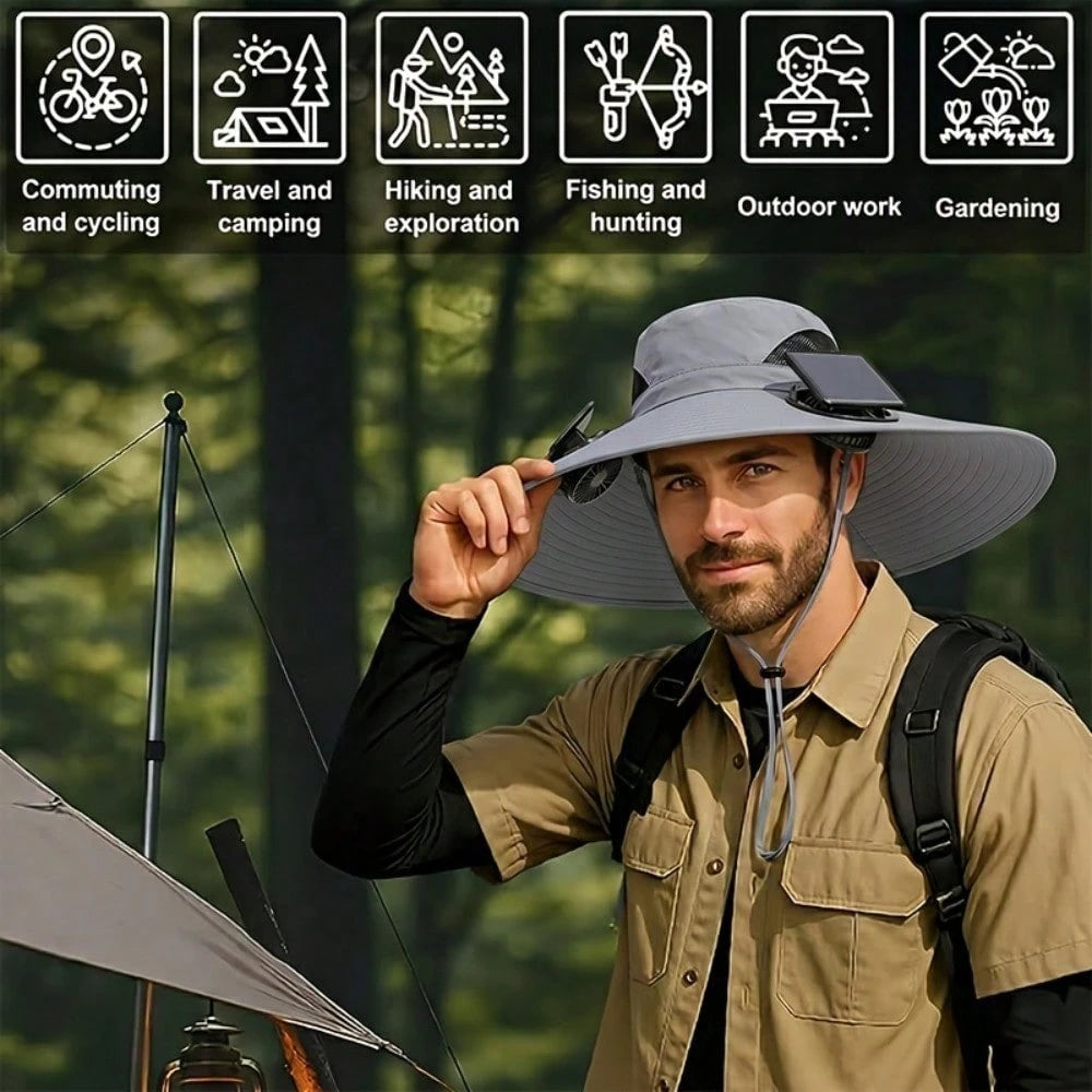 Outdoor Wide Brim Hat With Dual Fan Design, Breathable Lightweight Material, Includes Cooling Arm Sleeves & Emergency Whistle For Fishing, Hiking