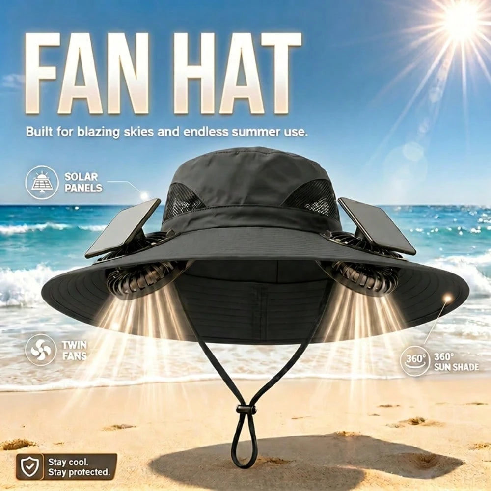 Outdoor Wide Brim Hat With Dual Fan Design, Breathable Lightweight Material, Includes Cooling Arm Sleeves & Emergency Whistle For Fishing, Hiking