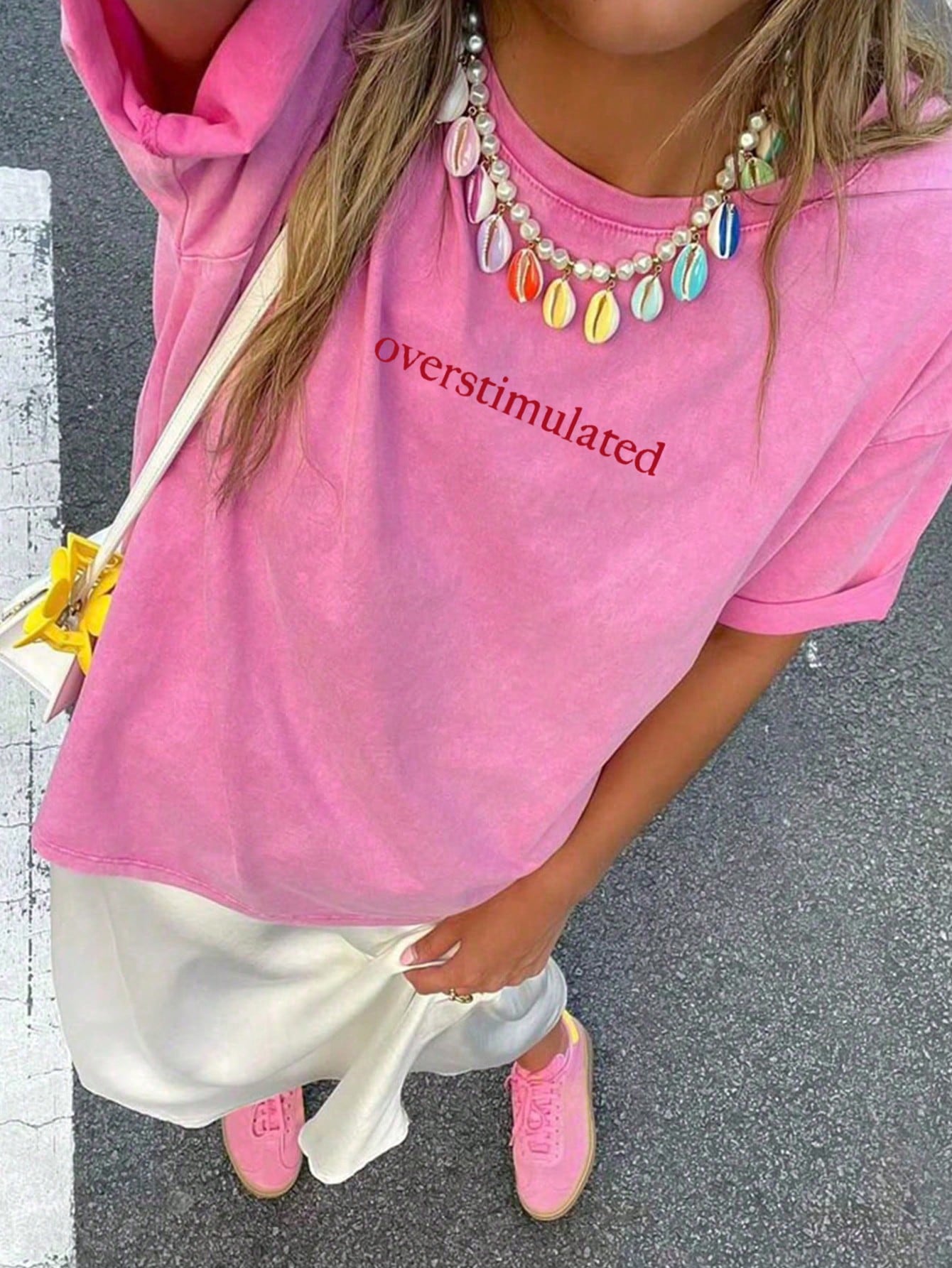 Overstimulated Oversized Women Loose Fit Round Neck Short Sleeve T-Shirt Casual Pink Summer