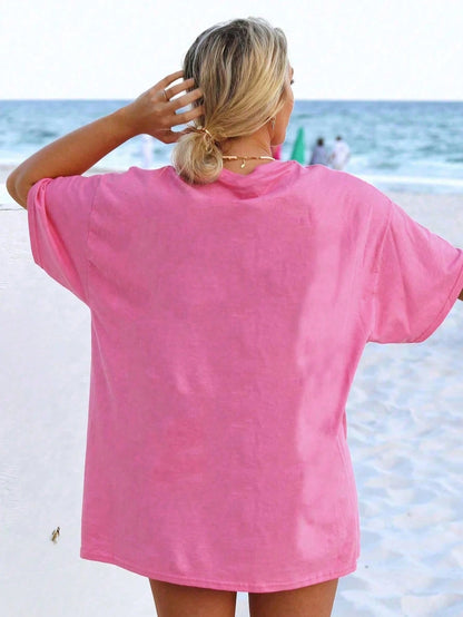 Overstimulated Oversized Women Loose Fit Round Neck Short Sleeve T-Shirt Casual Pink Summer