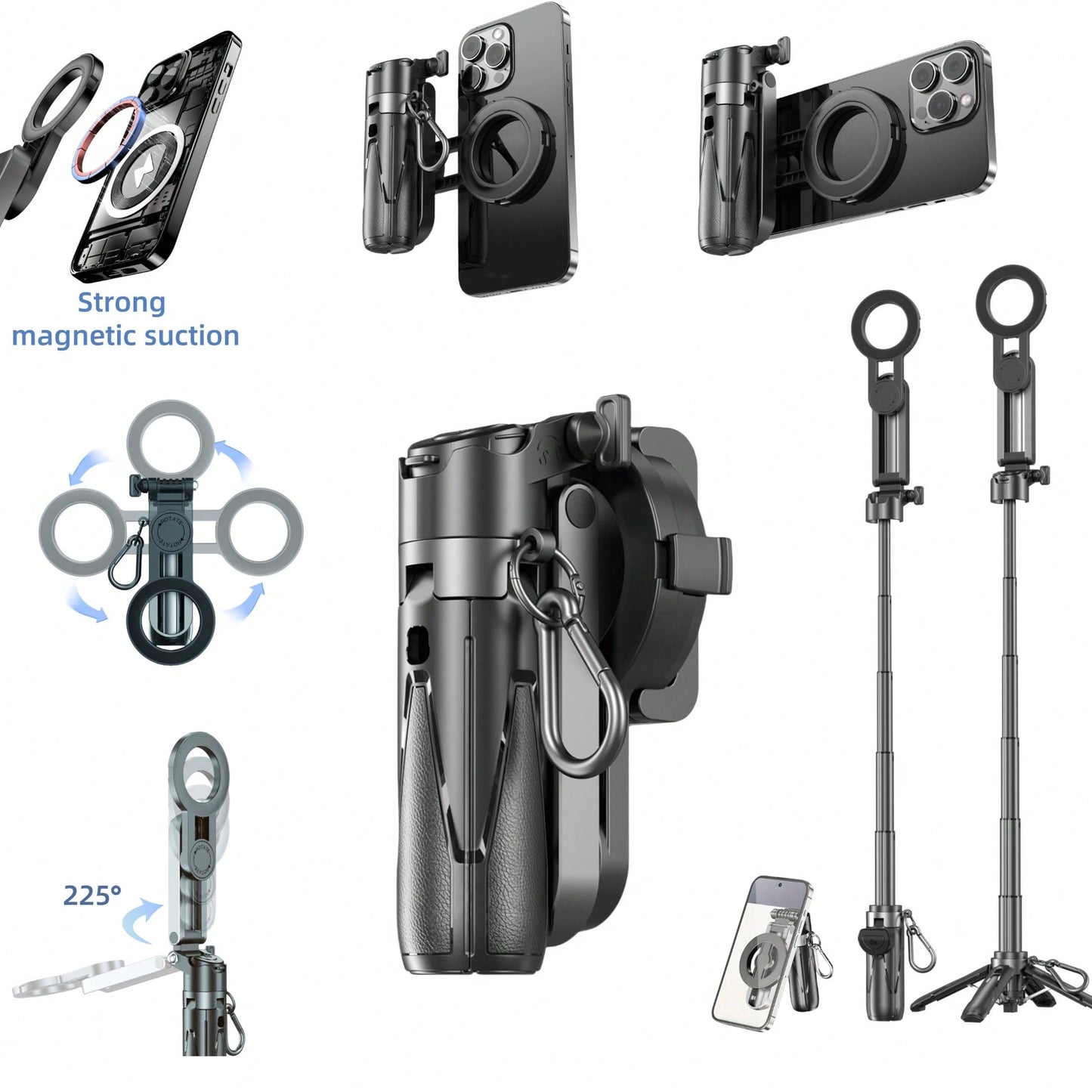 P15MiNi-C Upgraded Magnetic: Portable Multifunctional Selfie Stick For Travel/Live Streaming/Selfie Cell Phone Quadrupod, Aluminum + ABS, 47.5cm/18.7in, 193g, Type-C Charging Wireless Remote Control F