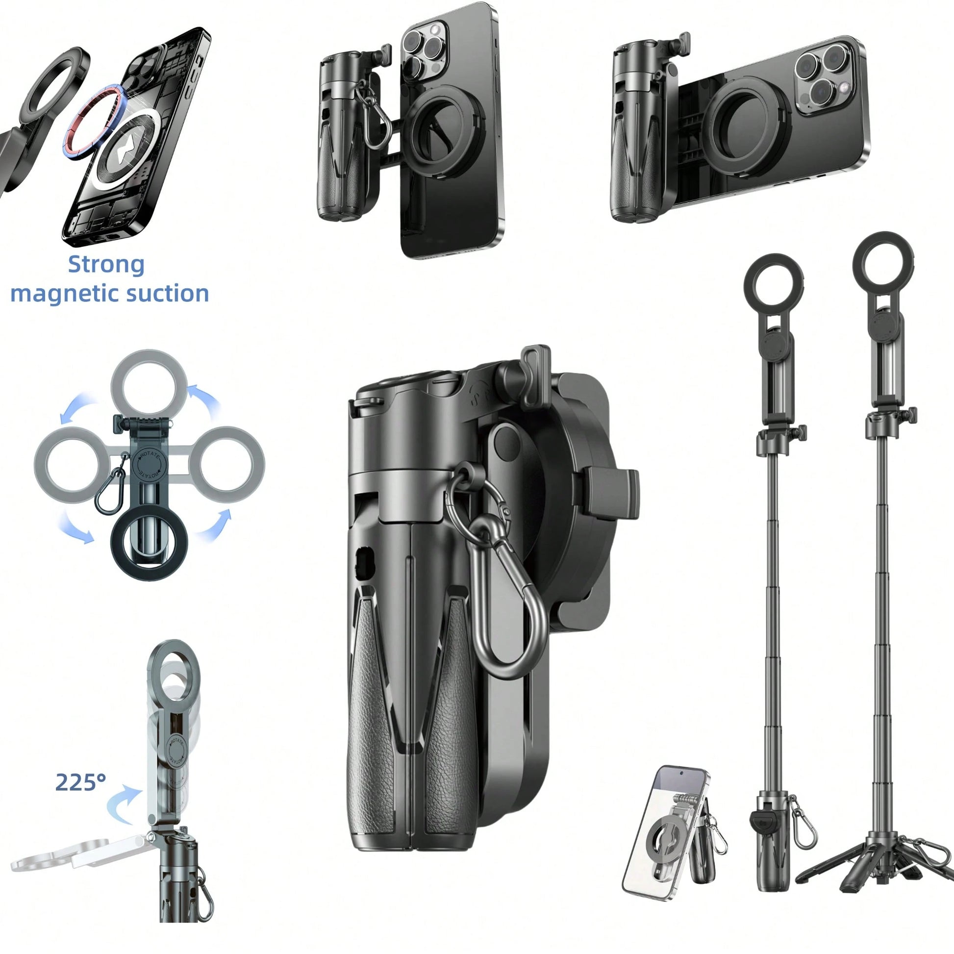 P15MiNi-C Upgraded Magnetic: Portable Multifunctional Selfie Stick For Travel/Live Streaming/Selfie Cell Phone Quadrupod, Aluminum + ABS, 47.5cm/18.7in, 193g, Type-C Charging Wireless Remote Control F