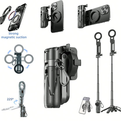 P15MiNi-C Upgraded Magnetic: Portable Multifunctional Selfie Stick For Travel/Live Streaming/Selfie Cell Phone Quadrupod, Aluminum + ABS, 47.5cm/18.7in, 193g, Type-C Charging Wireless Remote Control F