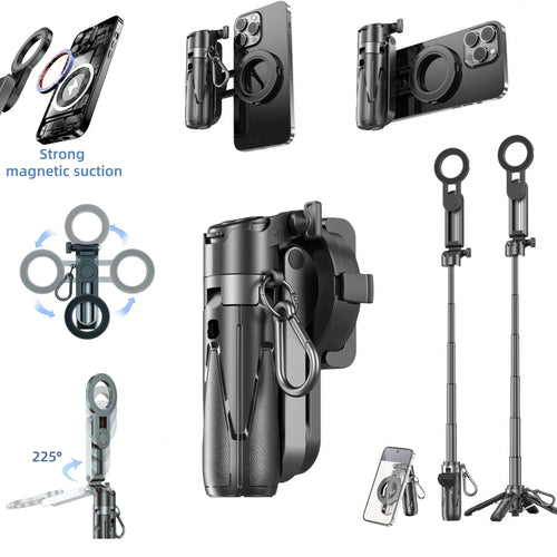 P15MiNi-C Upgraded Magnetic: Portable Multifunctional Selfie Stick For Travel/Live Streaming/Selfie Cell Phone Quadrupod, Aluminum + ABS, 47.5cm/18.7in, 193g, Type-C Charging Wireless Remote Control F