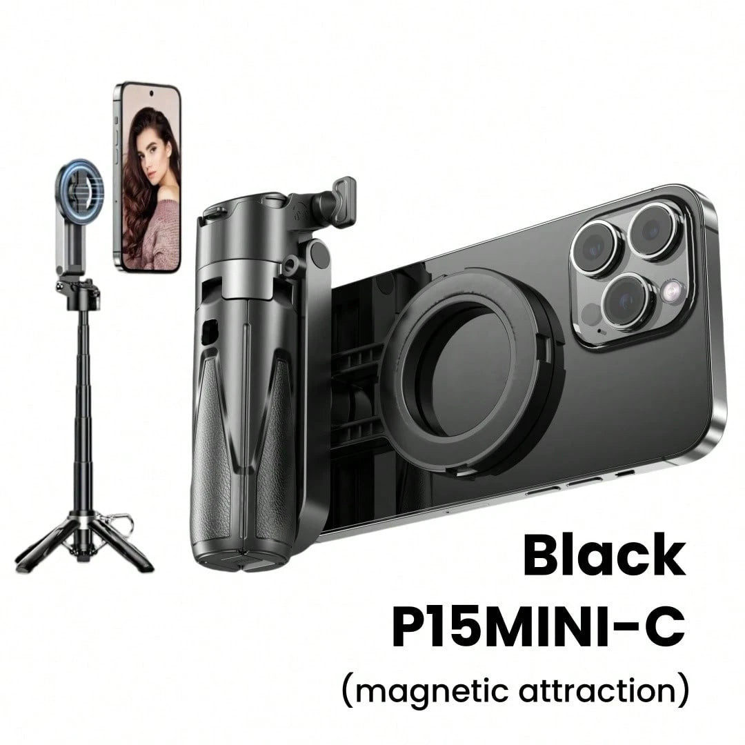 P15MiNi-C Upgraded Magnetic: Portable Multifunctional Selfie Stick For Travel/Live Streaming/Selfie Cell Phone Quadrupod, Aluminum + ABS, 47.5cm/18.7in, 193g, Type-C Charging Wireless Remote Control F