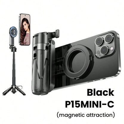 P15MiNi-C Upgraded Magnetic: Portable Multifunctional Selfie Stick For Travel/Live Streaming/Selfie Cell Phone Quadrupod, Aluminum + ABS, 47.5cm/18.7in, 193g, Type-C Charging Wireless Remote Control F