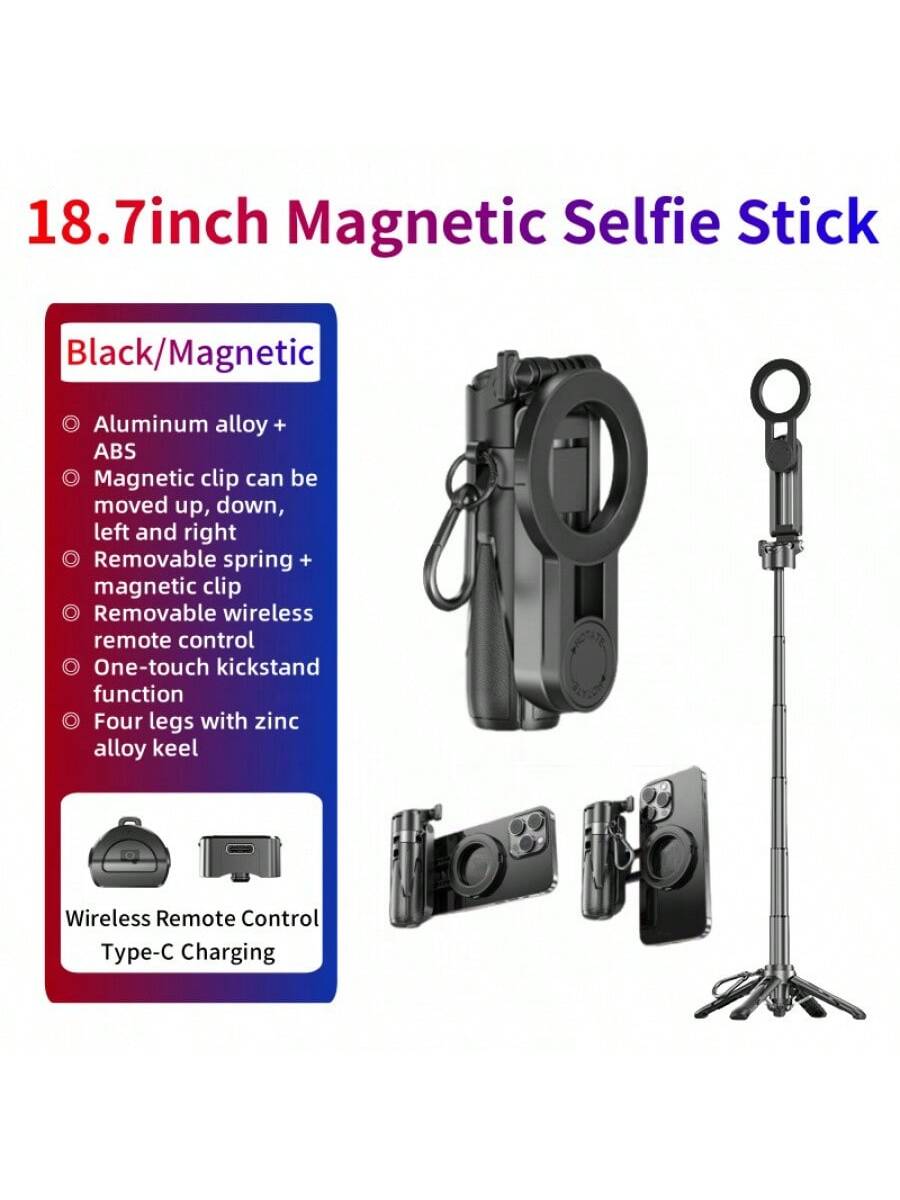 P15MiNi-C Upgraded Magnetic: Portable Multifunctional Selfie Stick For Travel/Live Streaming/Selfie Cell Phone Quadrupod, Aluminum + ABS, 47.5cm/18.7in, 193g, Type-C Charging Wireless Remote Control F