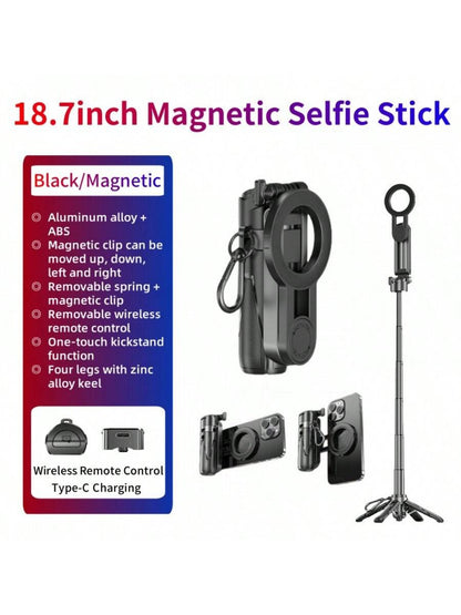 P15MiNi-C Upgraded Magnetic: Portable Multifunctional Selfie Stick For Travel/Live Streaming/Selfie Cell Phone Quadrupod, Aluminum + ABS, 47.5cm/18.7in, 193g, Type-C Charging Wireless Remote Control F