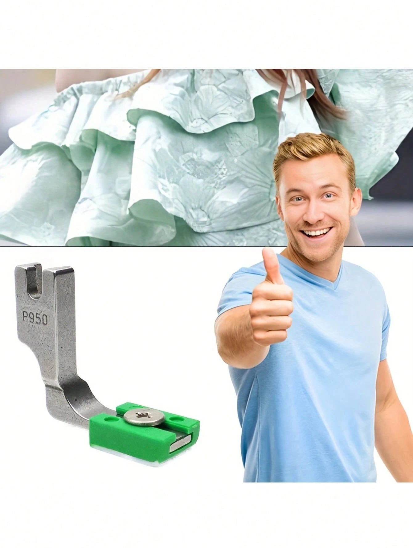 P950 Industrial Sewing Machine With Adjustable Ruffling Foot- Heavy Duty Coated Steel Foot, Ergonomic Handle, Compatible With Lockstitch And Ruffling, Green Fabric Collecting Attachment, For Precisio