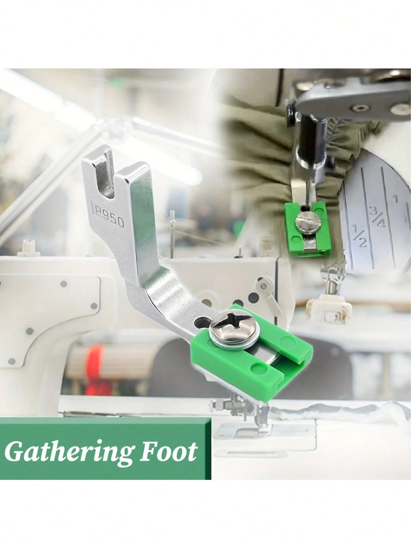 P950 Industrial Sewing Machine With Adjustable Ruffling Foot- Heavy Duty Coated Steel Foot, Ergonomic Handle, Compatible With Lockstitch And Ruffling, Green Fabric Collecting Attachment, For Precisio