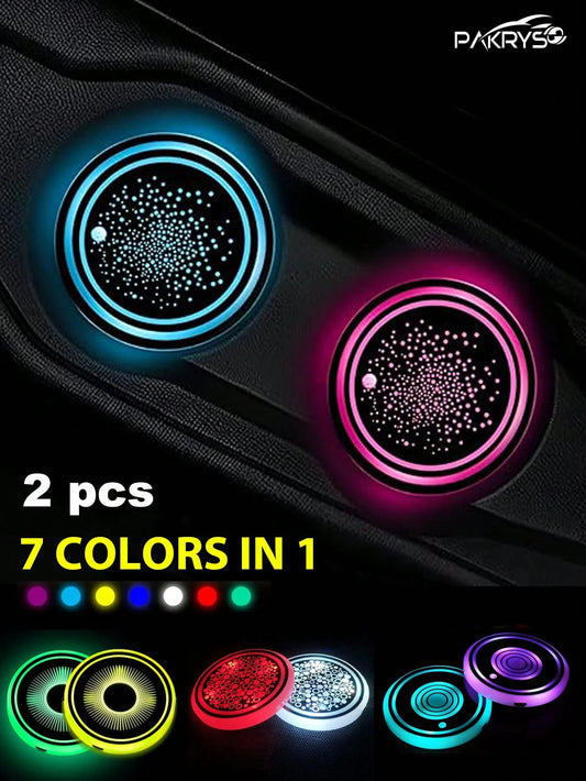 PAKRYS 2pcs LED Cup Holder Lights, 7 Colors 3 Modes Car Cup Mat, USB Charging Pad Waterproof Cup Pad, Halloween Car Atmosphere Lights, LED Car Interior Ambient Lights, Car Interior Lighting Accessorie