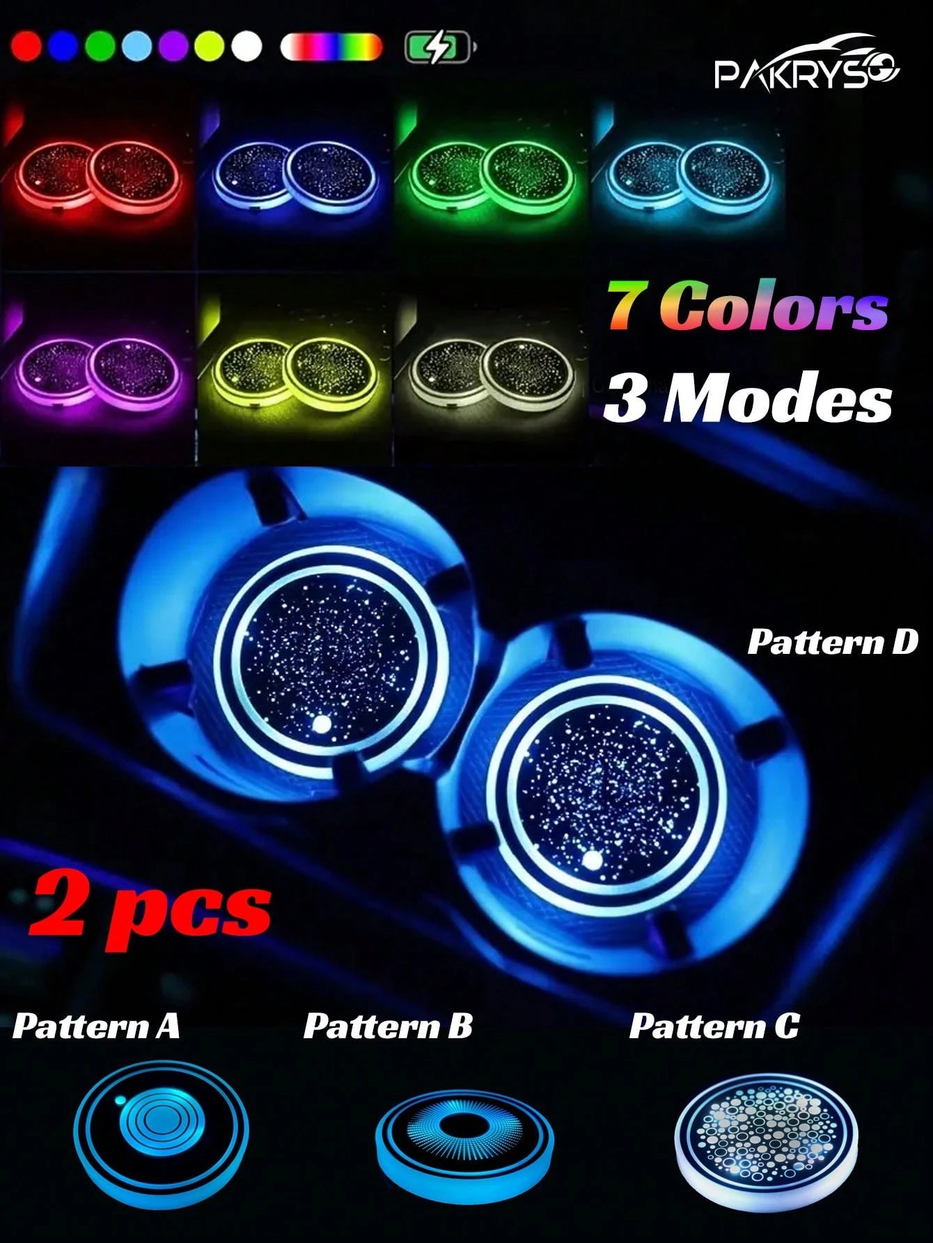 PAKRYS 2pcs LED Cup Holder Lights, 7 Colors 3 Modes Car Cup Mat, USB Charging Pad Waterproof Cup Pad, Halloween Car Atmosphere Lights, LED Car Interior Ambient Lights, Car Interior Lighting Accessorie