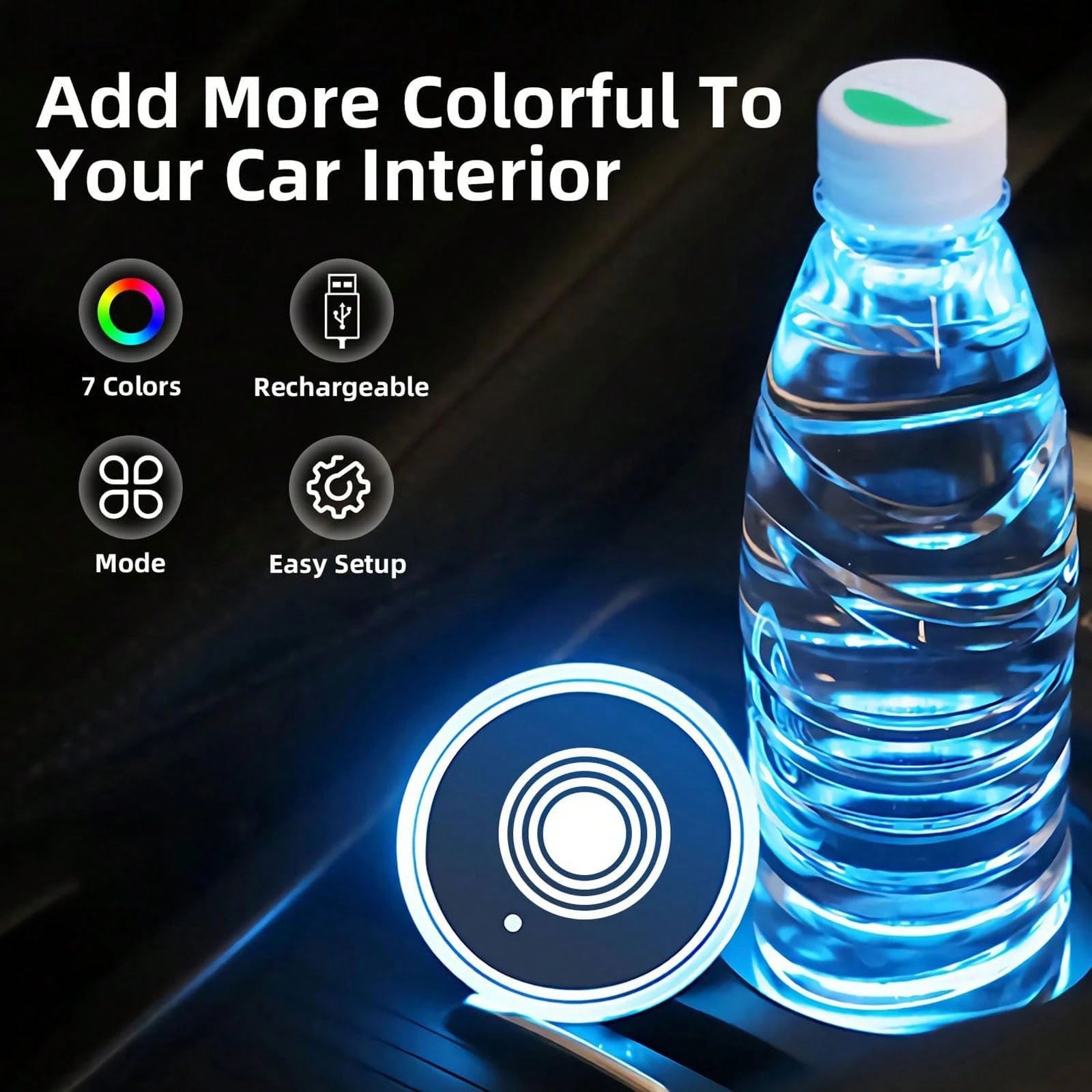 PAKRYS 2pcs LED Cup Holder Lights, 7 Colors 3 Modes Car Cup Mat, USB Charging Pad Waterproof Cup Pad, Halloween Car Atmosphere Lights, LED Car Interior Ambient Lights, Car Interior Lighting Accessorie