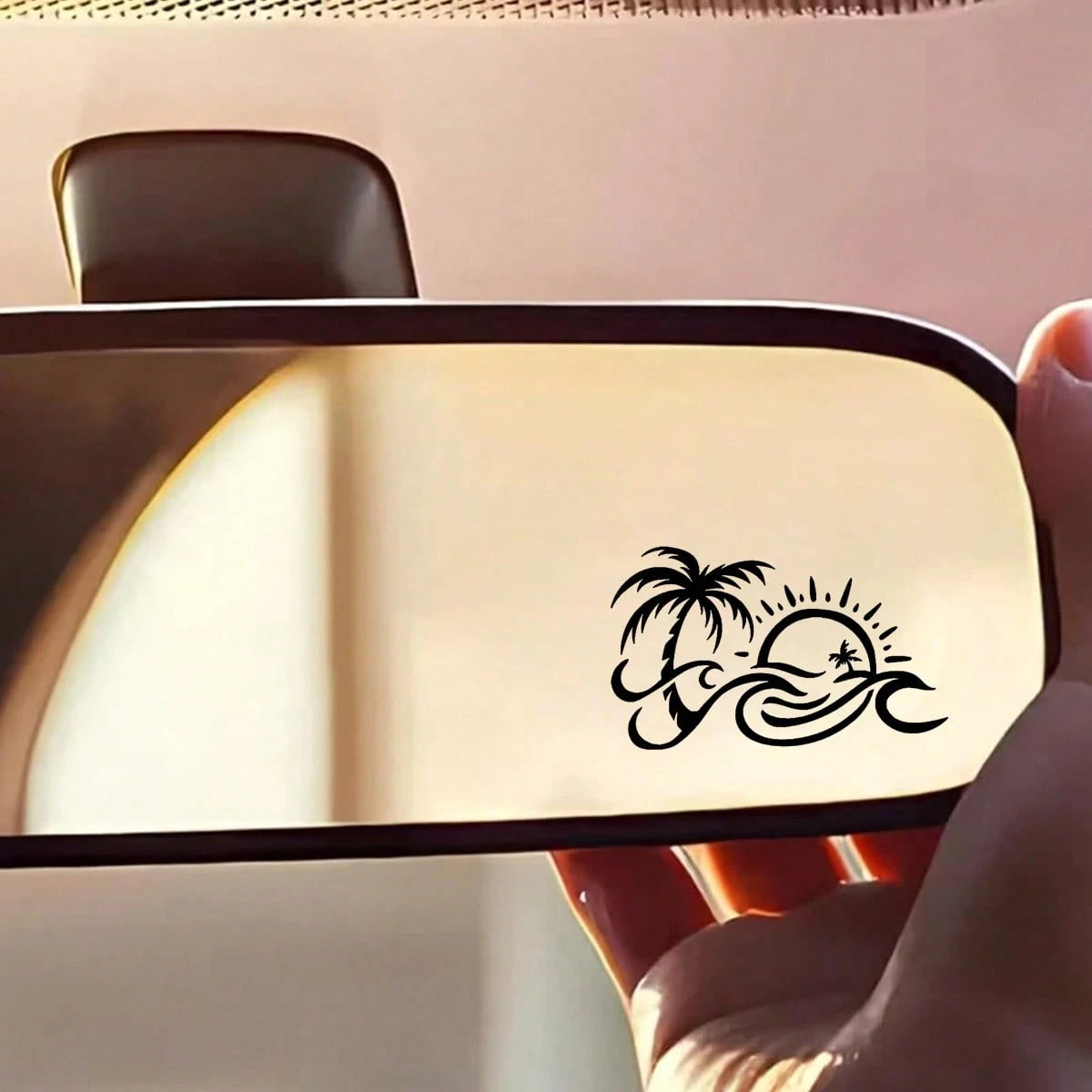 Palm Tree And Wavy Sun Pattern Car Rearview Mirror Sticker, Applicable To Water Bottles, Laptops, Refrigerators, Windows, Car Decor Sticker