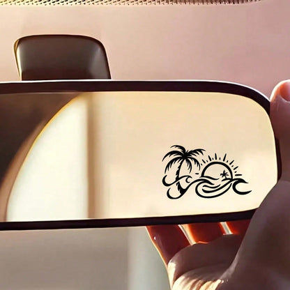 Palm Tree And Wavy Sun Pattern Car Rearview Mirror Sticker, Applicable To Water Bottles, Laptops, Refrigerators, Windows, Car Decor Sticker