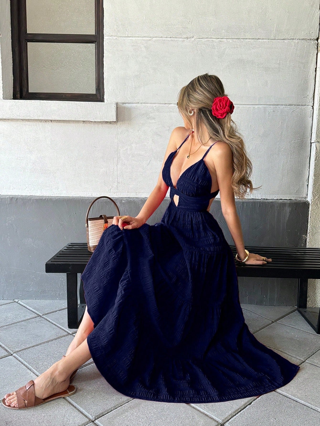 Pariaura Boho Navy Blue Tiered Maxi Dress, Women's Deep V Neck Spaghetti Strap Backless Dress, Smocked Waist Flowy Long Dress For Summer Beach Vacation Prom