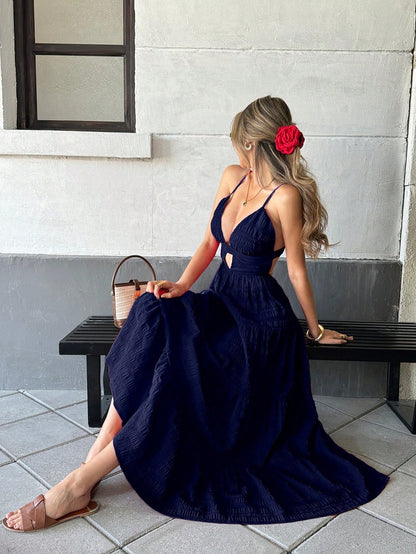 Pariaura Boho Navy Blue Tiered Maxi Dress, Women's Deep V Neck Spaghetti Strap Backless Dress, Smocked Waist Flowy Long Dress For Summer Beach Vacation Prom