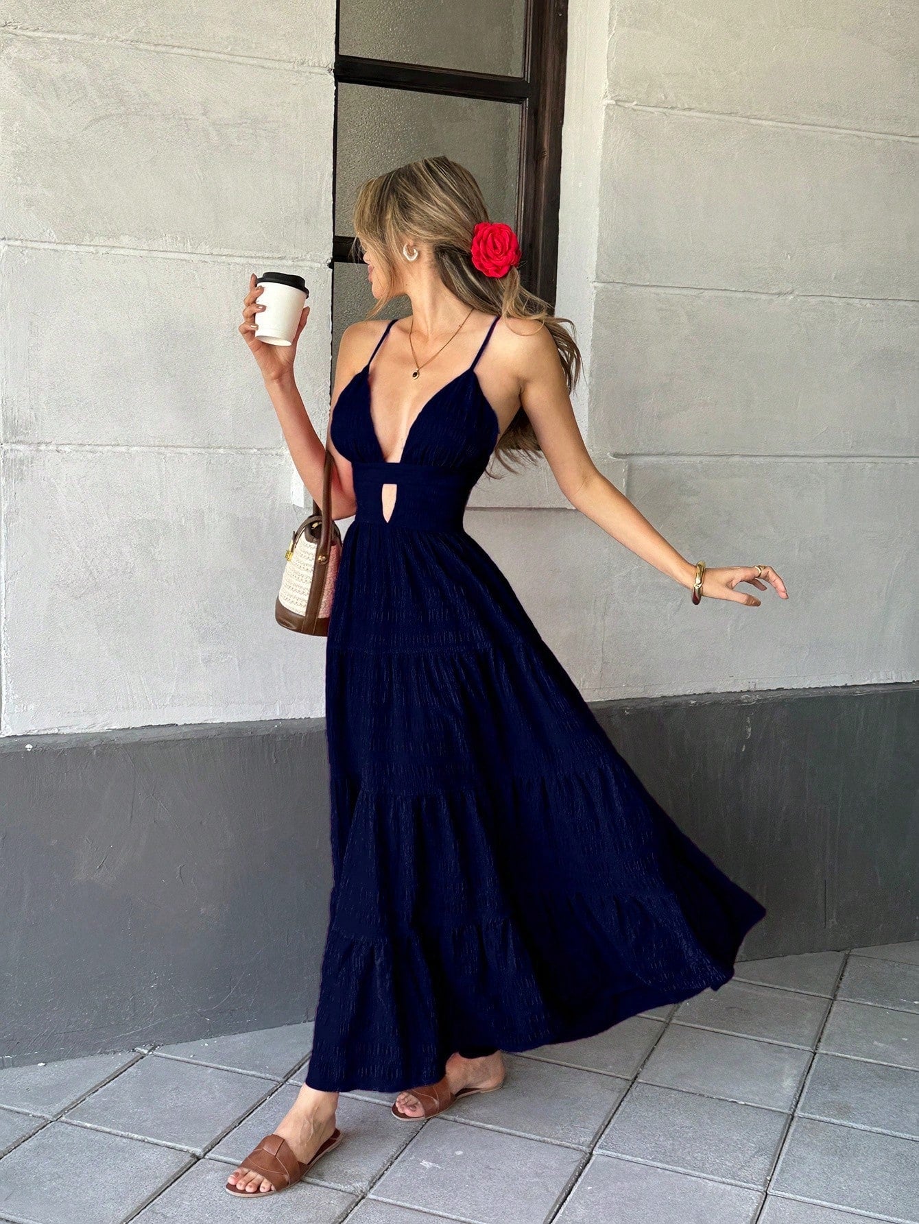 Pariaura Boho Navy Blue Tiered Maxi Dress, Women's Deep V Neck Spaghetti Strap Backless Dress, Smocked Waist Flowy Long Dress For Summer Beach Vacation Prom