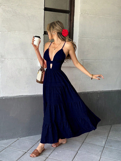 Pariaura Boho Navy Blue Tiered Maxi Dress, Women's Deep V Neck Spaghetti Strap Backless Dress, Smocked Waist Flowy Long Dress For Summer Beach Vacation Prom
