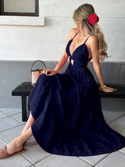 Pariaura Boho Navy Blue Tiered Maxi Dress, Women's Deep V Neck Spaghetti Strap Backless Dress, Smocked Waist Flowy Long Dress For Summer Beach Vacation Prom