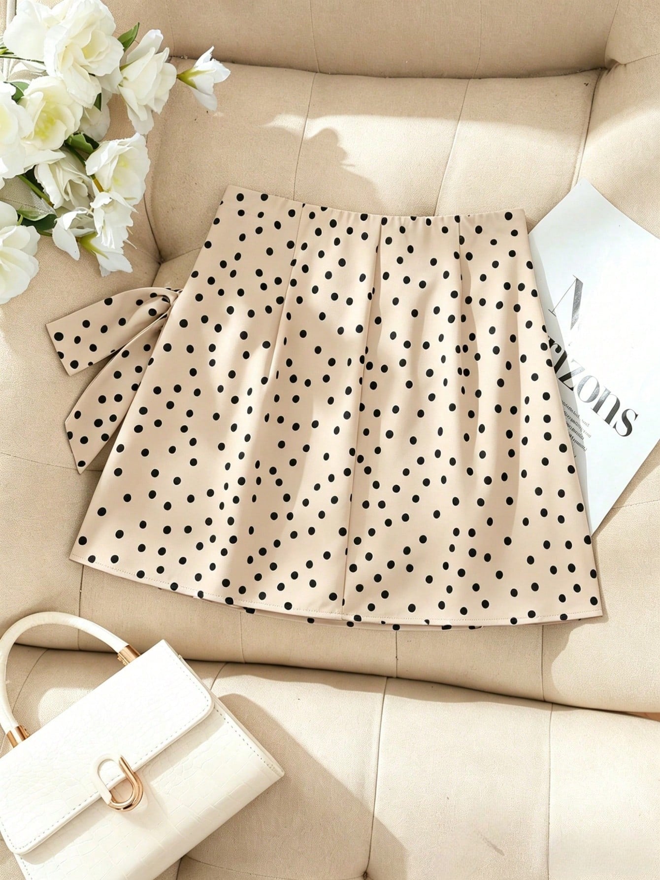 Pariaura High Cinched Waist-Up Brown Polka Dot A-Line Mini Skirt/Cinched Casual/Work Skirt