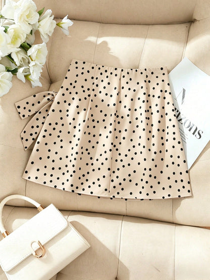 Pariaura High Cinched Waist-Up Brown Polka Dot A-Line Mini Skirt/Cinched Casual/Work Skirt