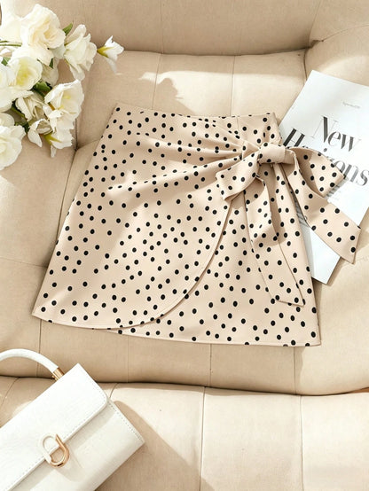 Pariaura High Cinched Waist-Up Brown Polka Dot A-Line Mini Skirt/Cinched Casual/Work Skirt